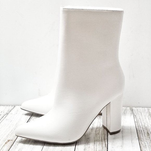 New White Chunky Heel Point Toe Booties Boots - Picture 1 of 6
